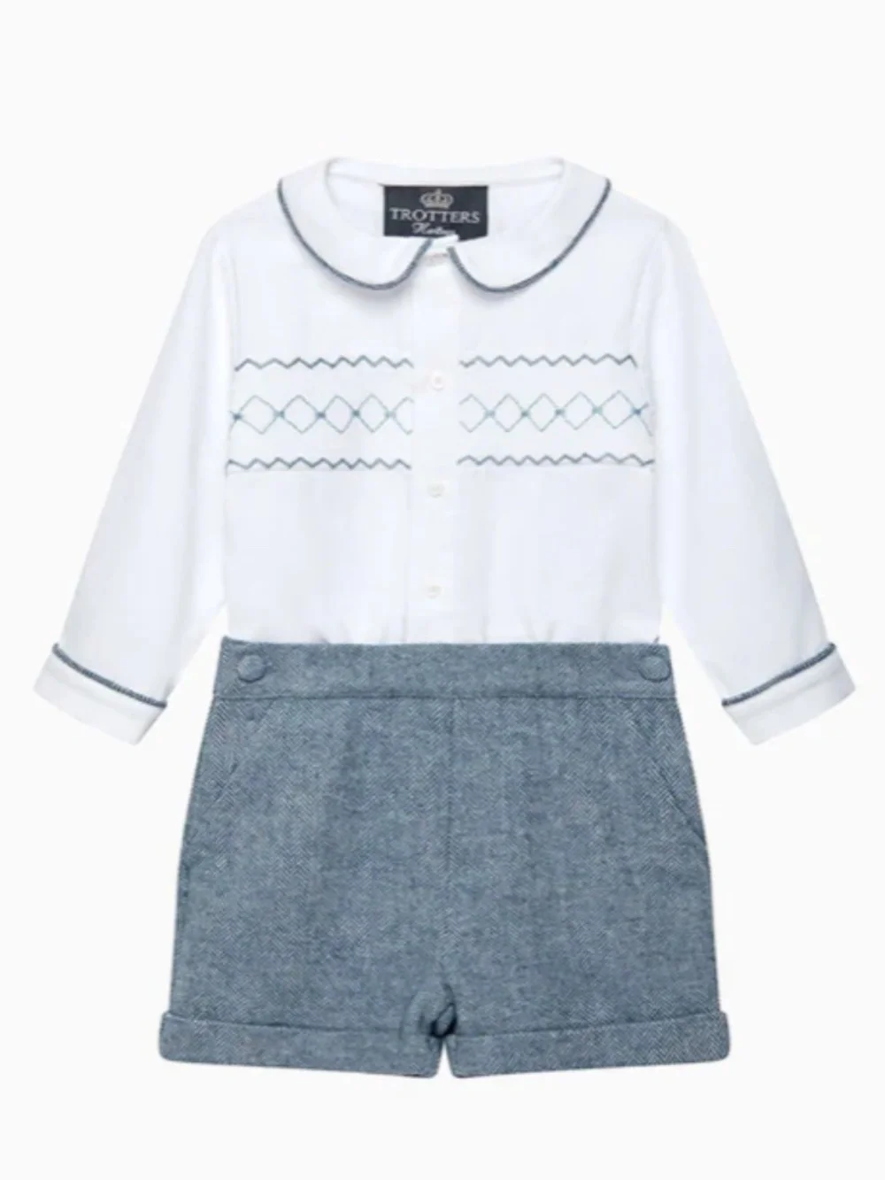 Trotters London Rupert Smocked Set, White & Blue Herringbone (Size: 3T) NWT